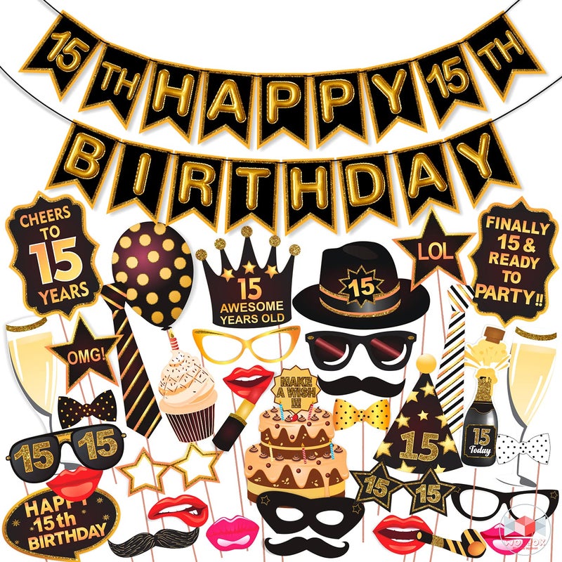 Wobbox 15th Birthday Photo Booth Party Props Brown & Golden Glitter with 15th Birthday Bunting Banner, Birthday Party Decoration, Birthday Party Item - Image 1
