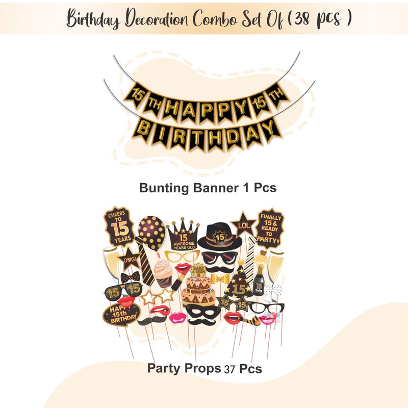 Wobbox 15th Birthday Photo Booth Party Props Brown & Golden Glitter with 15th Birthday Bunting Banner, Birthday Party Decoration, Birthday Party Item - Image 2