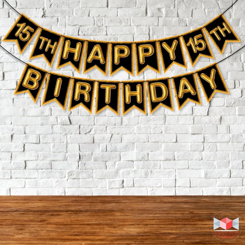 Wobbox 15th Birthday Photo Booth Party Props Brown & Golden Glitter with 15th Birthday Bunting Banner, Birthday Party Decoration, Birthday Party Item - Image 4