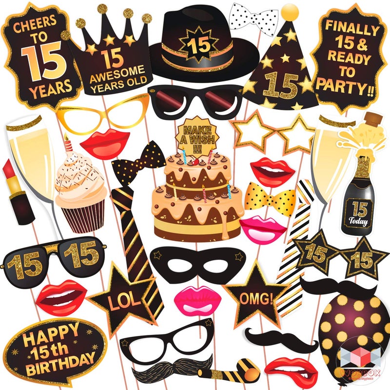 Wobbox 15th Birthday Photo Booth Party Props Brown & Golden Glitter with 15th Birthday Bunting Banner, Birthday Party Decoration, Birthday Party Item - Image 5