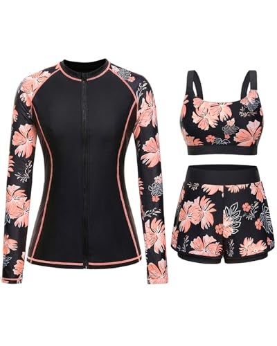 Daci Black Floral 3 Piece Rash Guard for Women Long Sleeve Swimsuits with Shorts SPF Zip up Swim Shirt with Built in Bra L - Image 1