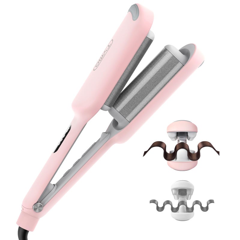 TYMO Curling Iron Hair Crimper Waver - TYMO ROVY Beach Waves Curling Wand, Ionic Deep Waver Hair Curler Tool with Ceramic 3 Barrel for Women, Dual Voltage, Anti-Scald, Easy to Use, Pink, 1.25 Inch - Image 1