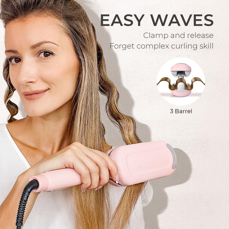 TYMO Curling Iron Hair Crimper Waver - TYMO ROVY Beach Waves Curling Wand, Ionic Deep Waver Hair Curler Tool with Ceramic 3 Barrel for Women, Dual Voltage, Anti-Scald, Easy to Use, Pink, 1.25 Inch - Image 2