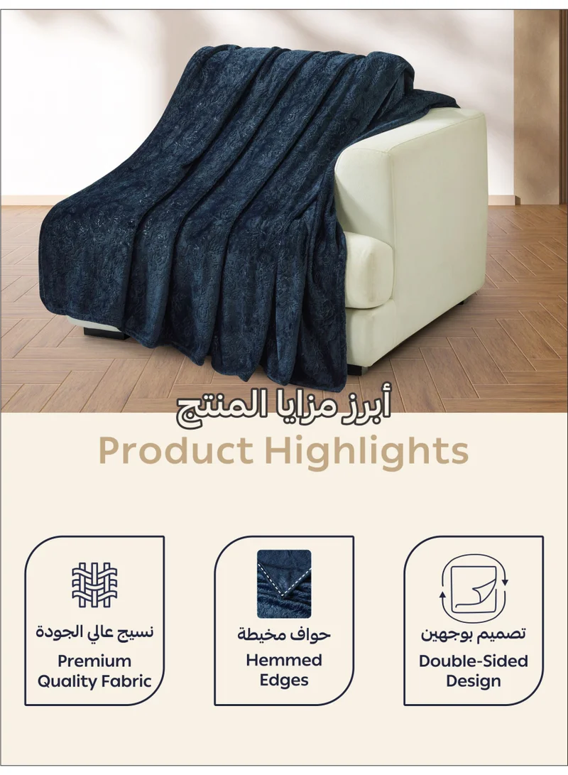 Donetella Dark blue Fleece Blanket, Single Size 170x210 cm, 300 GSM, Floral Texture - Lightweight Ultra Soft & Warm Solid Throw Blanket, Cozy for Sofa, Bed & Couch  | Best Price UAE