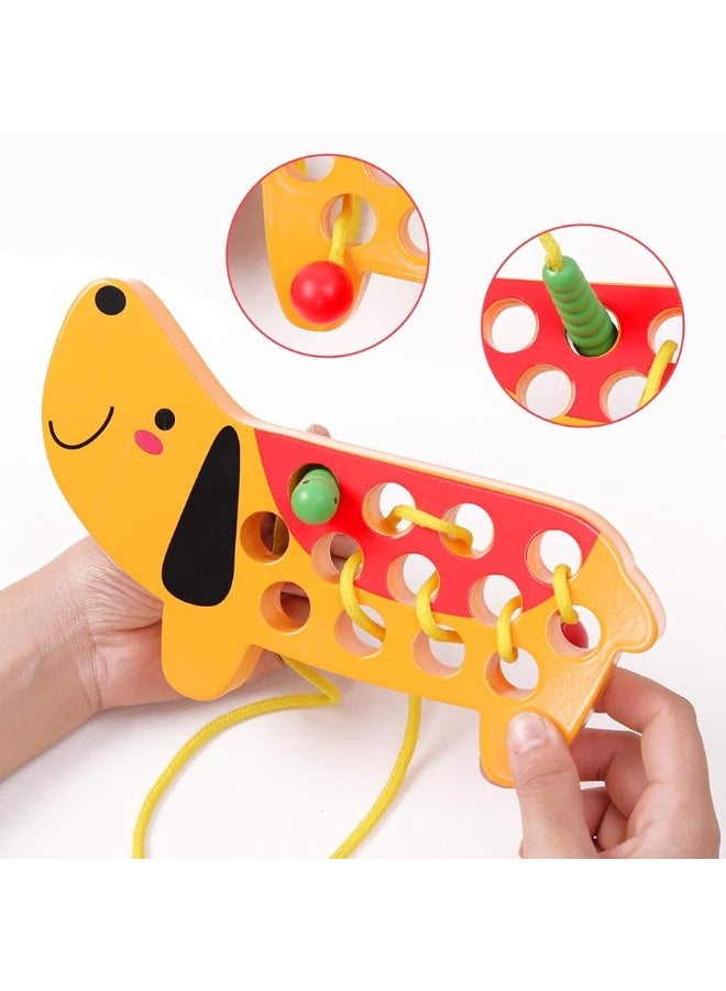 GEMEM Wooden Lacing Threading Toys Fine Motor Skill Toys for 3 Year Old Educational and Learning Montessori Toddler Travel Toy 1 Strawberry and 1 Dog - Image 1