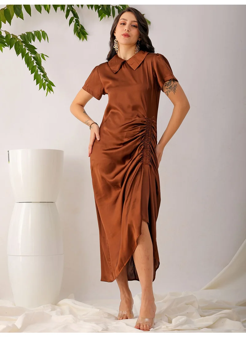 Freehand Women Casual Straight Solid Ruched Round Neck Long Length Asymmetric Dress