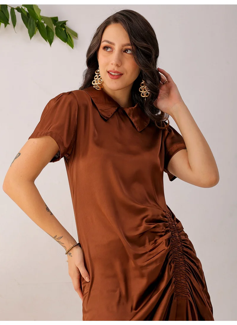 مرفوعة Women Casual Straight Solid Ruched Round Neck Long Length Asymmetric Dress