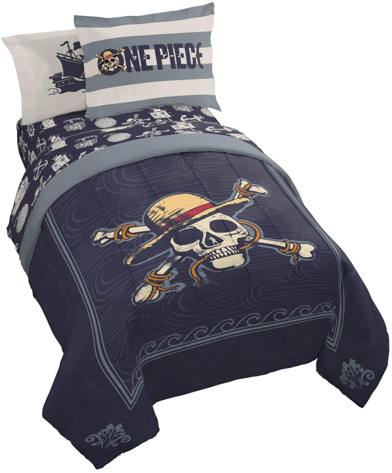 Jay Franco One Piece Twin Size Comforter Set - 5 Piece Blue Bedding Includes Sheet Set & Pillow Covers - Super Soft Anime Bedding with Skull and Bones - Image 1