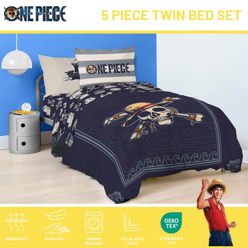 Jay Franco One Piece Twin Size Comforter Set - 5 Piece Blue Bedding Includes Sheet Set & Pillow Covers - Super Soft Anime Bedding with Skull and Bones - Image 4