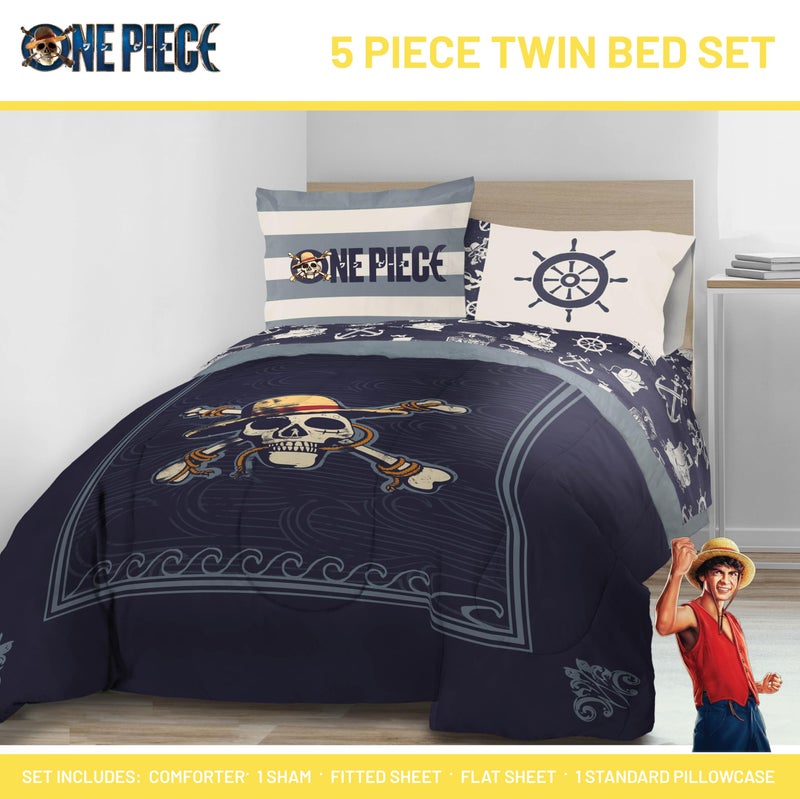 Jay Franco One Piece Twin Size Comforter Set - 5 Piece Blue Bedding Includes Sheet Set & Pillow Covers - Super Soft Anime Bedding with Skull and Bones - Image 2
