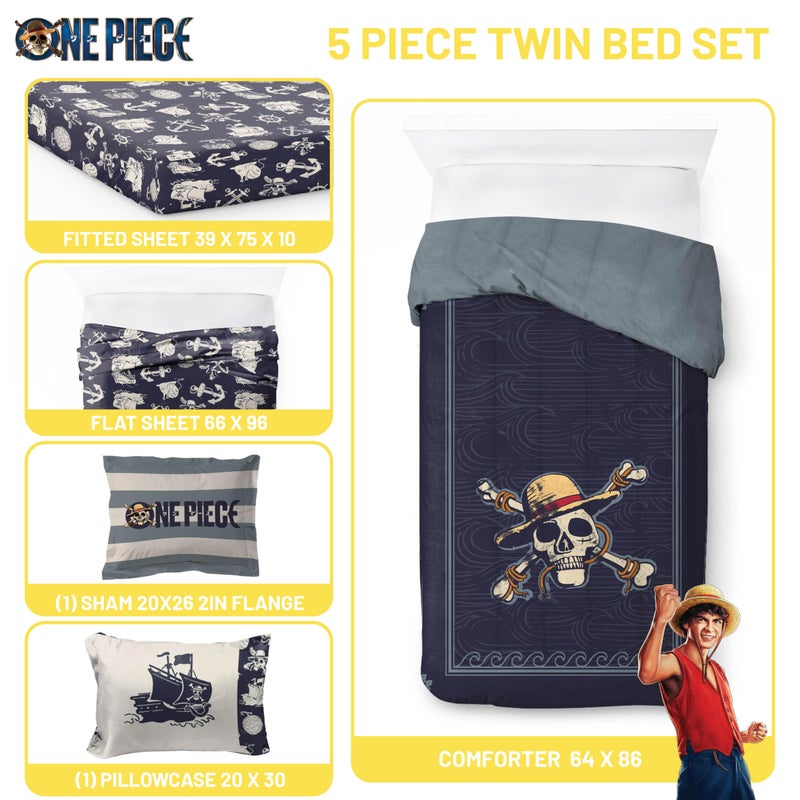 Jay Franco One Piece Twin Size Comforter Set - 5 Piece Blue Bedding Includes Sheet Set & Pillow Covers - Super Soft Anime Bedding with Skull and Bones - Image 3