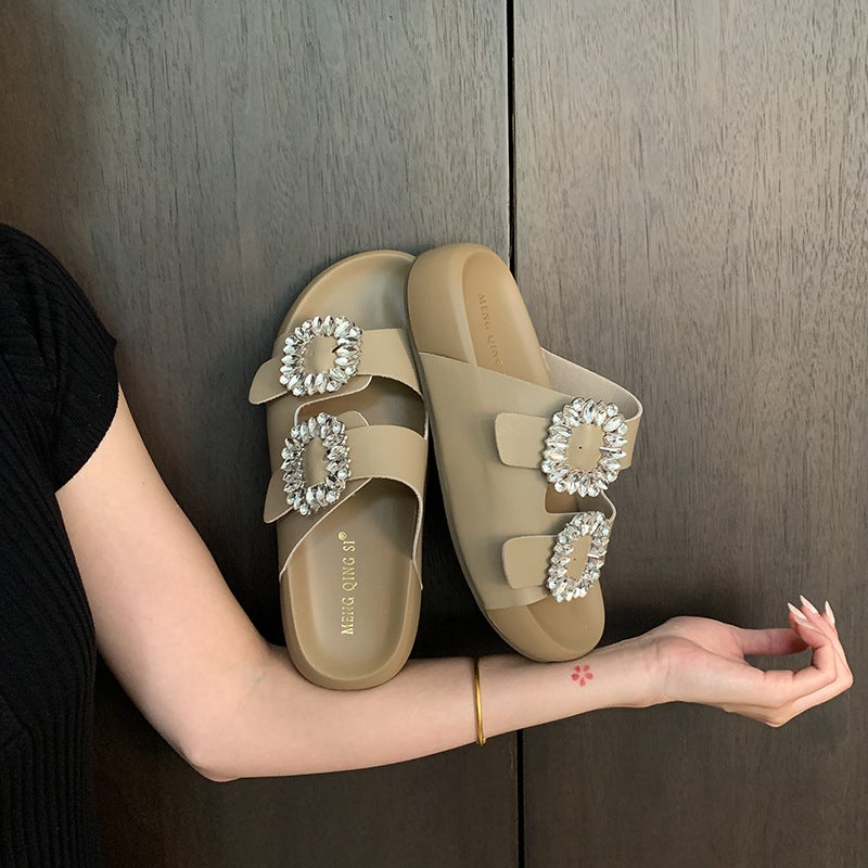 Square Buckle Rhinestone Genuine Leather Double Strap Small Thick-Soled Slippers for Women Summer Outer Wear Heightening Poop Feeling Small Size 32 Half Slippers - Image 1
