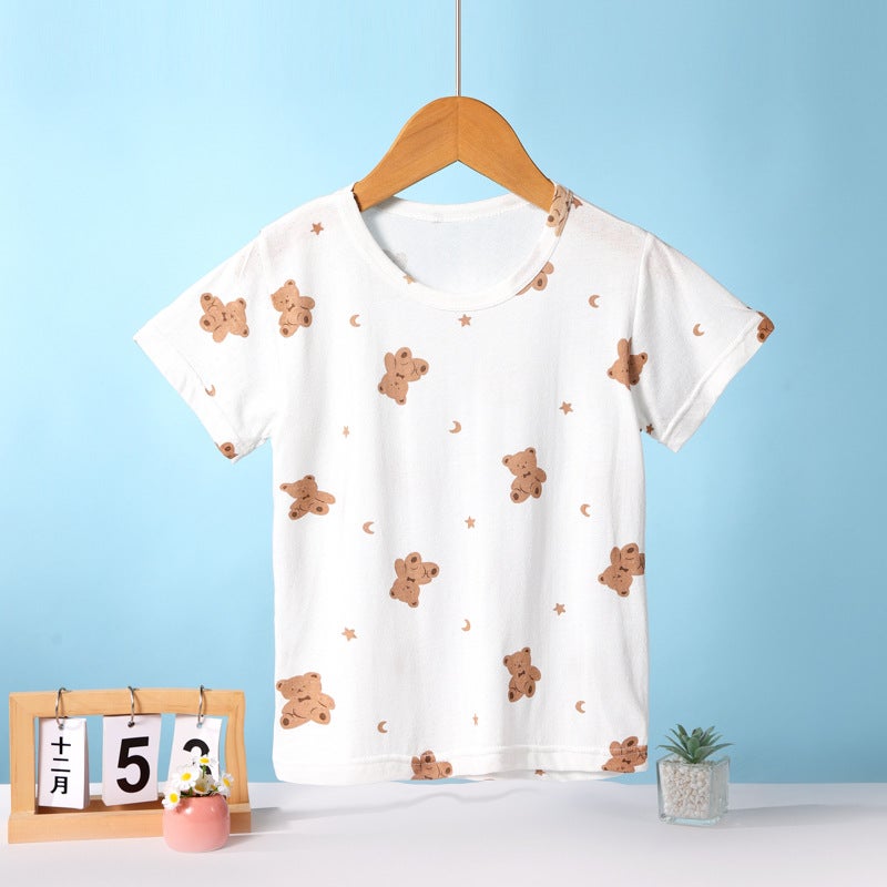 Summer Children'S Short-Sleeved T-Shirt Bamboo Cotton Cotton Half-Sleeved Girls' T-Shirt Boys Short-Sleeved Children'S Clothing Base Top Home Clothes - Image 1
