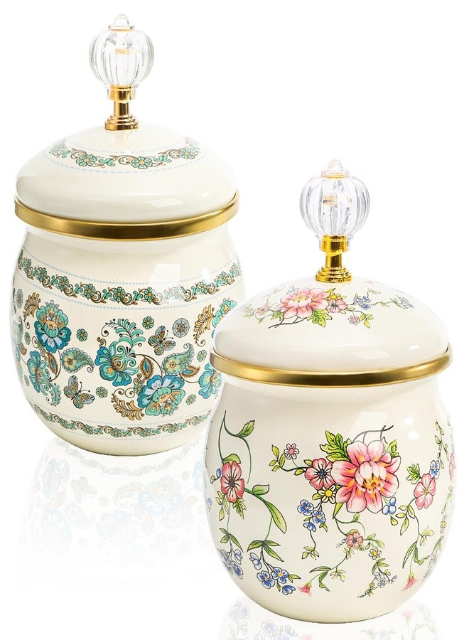 Elsjoy 2 Pack Vintage Enamel Storage Jar with Lid, 14 oz Floral Enamel Sugar Bowl Small Kitchen Canister for Candy, Cookies, Tea - Image 1