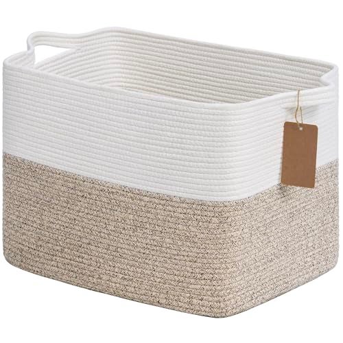 Goodpick Woven Storage Baskets for Organizing Blanket Basket Living Room Rope Baskets for Storage Rectangle Toy Basket With Handles Brown and White 18 x 14 x 12 Inches - Image 1