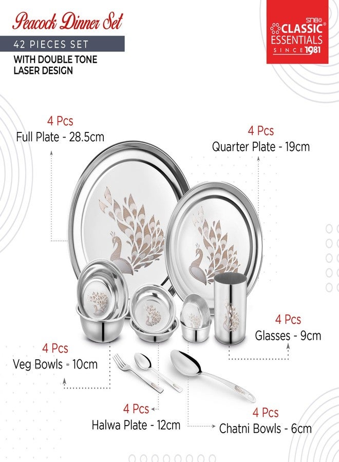 Classic Essentials Stainless Steel Dinner Set|Serves 4 People|Heavy Gauge|Kitchen Set|Permanent Laser-Peacock, Set of 42 - Image 4