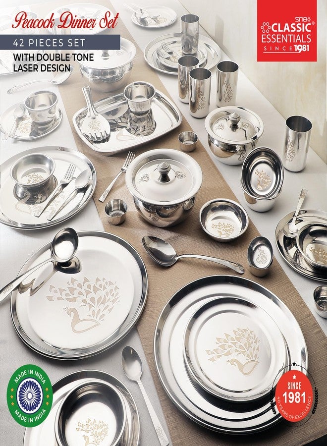 Classic Essentials Stainless Steel Dinner Set|Serves 4 People|Heavy Gauge|Kitchen Set|Permanent Laser-Peacock, Set of 42 - Image 2