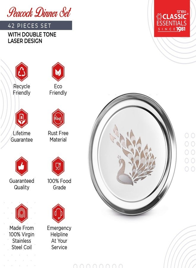 Classic Essentials Stainless Steel Dinner Set|Serves 4 People|Heavy Gauge|Kitchen Set|Permanent Laser-Peacock, Set of 42 - Image 3