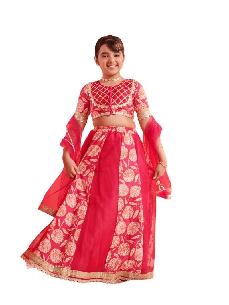 Pspeaches Girls 3/4th Sleeves Round Neck Floral Print Lehenga And Choli With Dupatta 3 Piece Set|Ethnic Wear For Kids Girls|Traditional & Festive Outfit 13-14 Year Magenta - Image 1