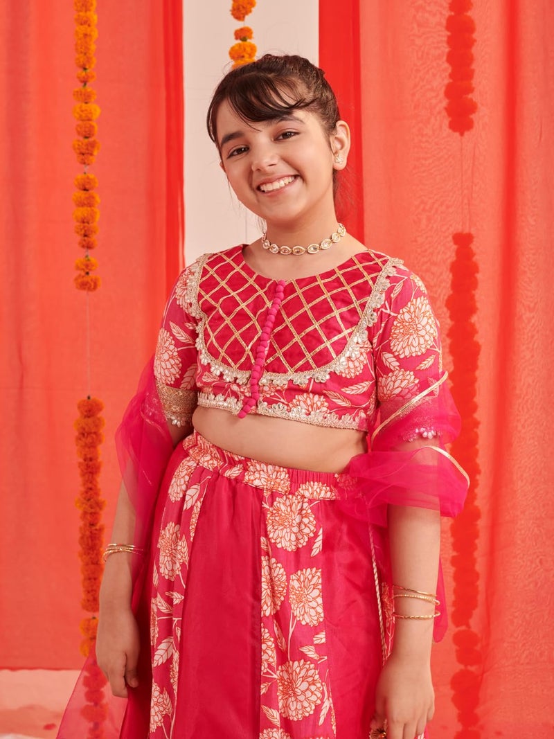 Pspeaches Girls 3/4th Sleeves Round Neck Floral Print Lehenga And Choli With Dupatta 3 Piece Set|Ethnic Wear For Kids Girls|Traditional & Festive Outfit 13-14 Year Magenta - Image 4