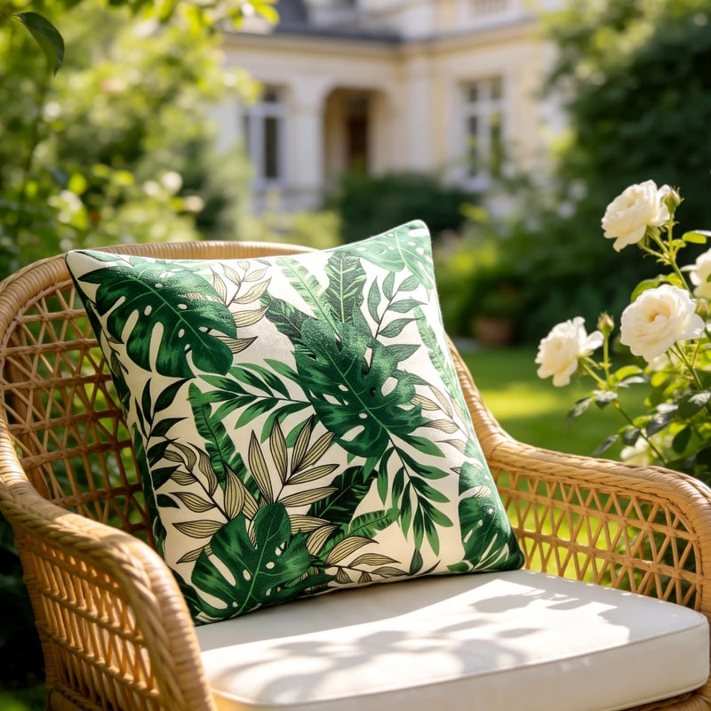 DecorMommt Outdoor Cushion Covers 50 x 50 cm Waterproof Cushion Cover Monstera Leaf Green Linen for Living Room Patio Garden Sofa Cushion Decoration Set of 2 - Image 4