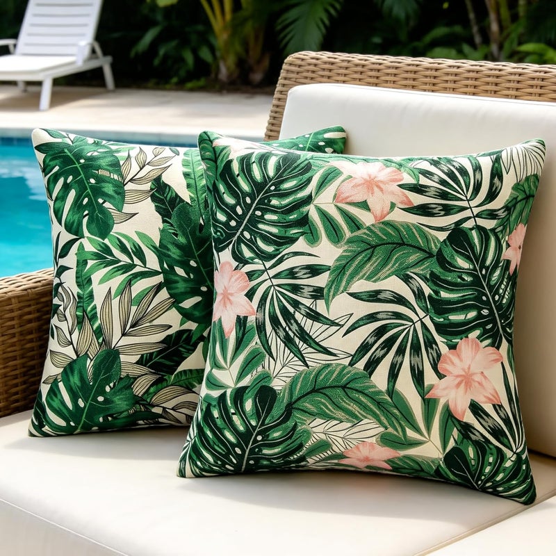 DecorMommt Outdoor Cushion Covers 50 x 50 cm Waterproof Cushion Cover Monstera Leaf Green Linen for Living Room Patio Garden Sofa Cushion Decoration Set of 2 - Image 1