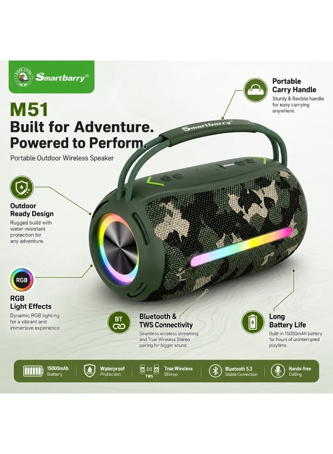 Smartbarry M51 Portable Outdoor Bluetooth Speaker, Waterproof Wireless Speaker with RGB Neon Lights, 15000mAh Battery, Deep Bass, TWS Stereo, USB Playback, Hands-Free Calling, Party Speaker - Image 5