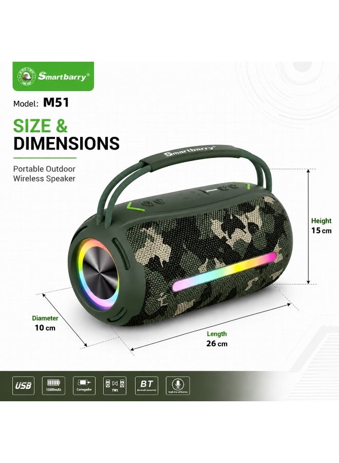 Smartbarry M51 Portable Outdoor Bluetooth Speaker, Waterproof Wireless Speaker with RGB Neon Lights, 15000mAh Battery, Deep Bass, TWS Stereo, USB Playback, Hands-Free Calling, Party Speaker - Image 4