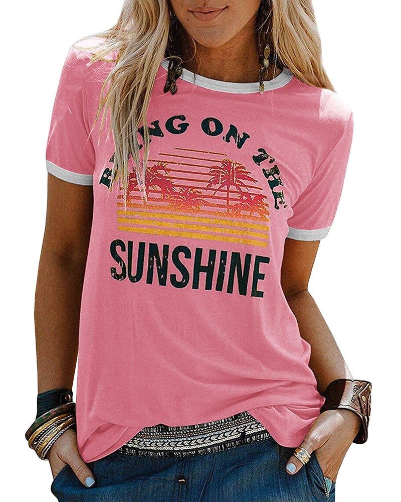 YEXIPO Graphic Tees for Women Short Sleeve Summer Tops Funny Letter Printed Loose Casual T Shirts Pink - Image 1