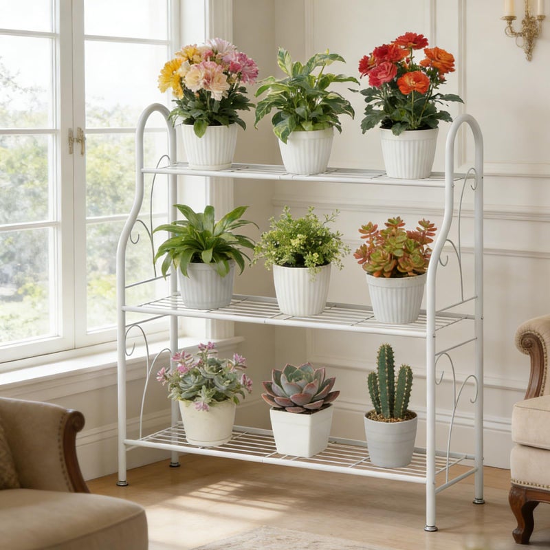 SORCEDAS Plant Stand Indoor Outdoor Plant Shelf 3 Tier Metal Corner Flower Stand Multiple Holder for Patio Garden Balcony Living Room, White - Image 3