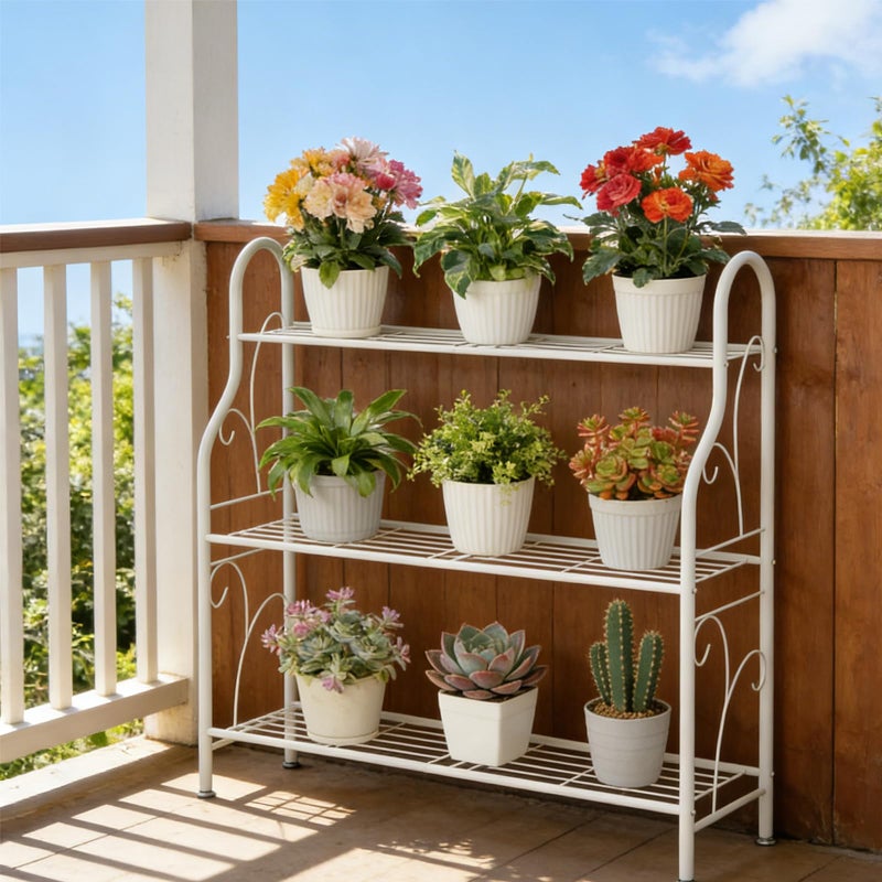 SORCEDAS Plant Stand Indoor Outdoor Plant Shelf 3 Tier Metal Corner Flower Stand Multiple Holder for Patio Garden Balcony Living Room, White - Image 2