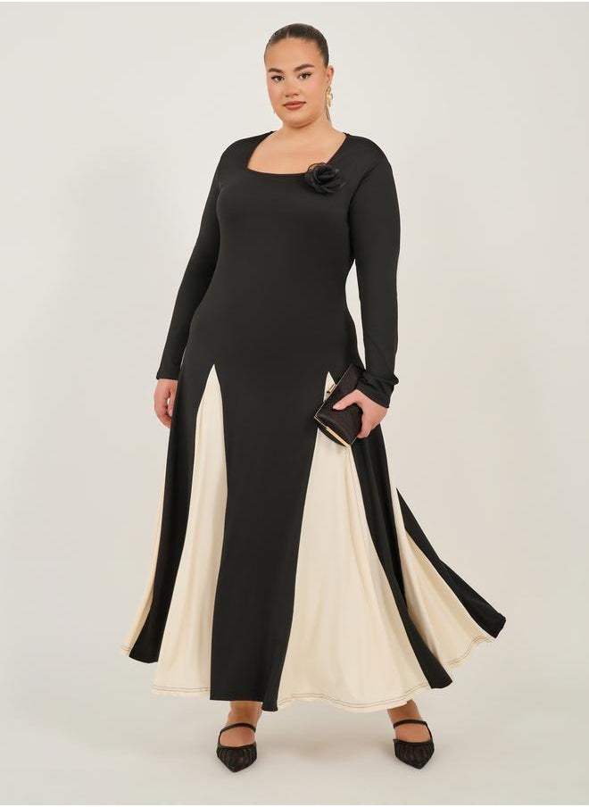 Styli Square Neck Color Block A-Line Maxi Dress  - Image 1