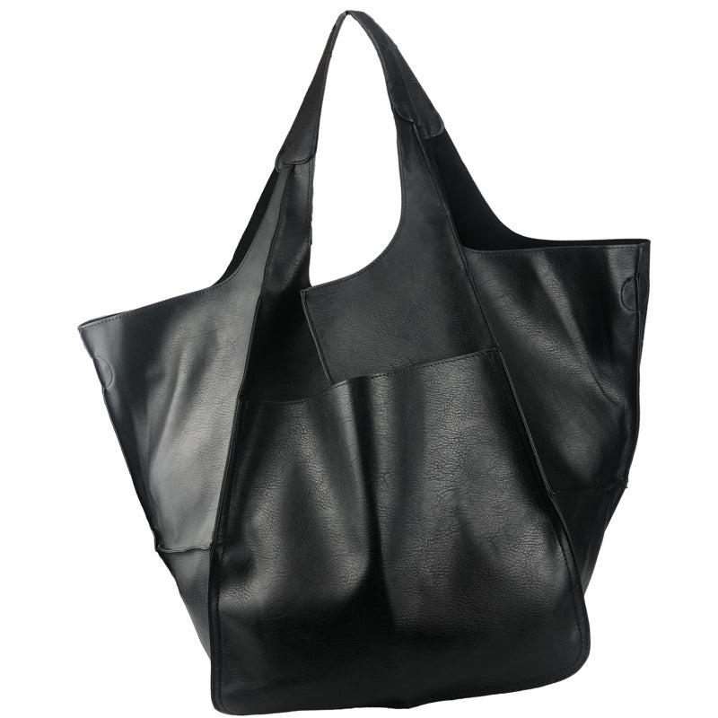 KlaOYer Oversized Leather Tote Bag Large Capacity Work Hobo Pu Leather Bucket Purse And Handbag Big Soft Travel Shopping Bag (Black) - Image 1