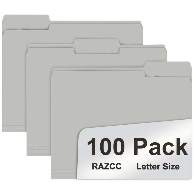RAZCC File Folder, RAZCC 100 Pack 1/3 Cut Tab File Folders Letter Size, Grey, Folders with Tab, Great for Organizing and Easy File Storage - Image 1