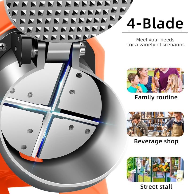 INSELY 4-blades Ice Shaver, Electric Shaved Ice Machine Ice Shaver Machine,200lbs/hr ice crusher with Ice Pick for Home and Commercial Use（Orange） - Image 2