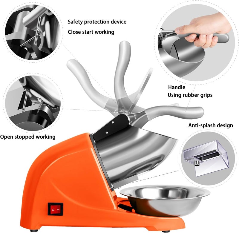 INSELY 4-blades Ice Shaver, Electric Shaved Ice Machine Ice Shaver Machine,200lbs/hr ice crusher with Ice Pick for Home and Commercial Use（Orange） - Image 4