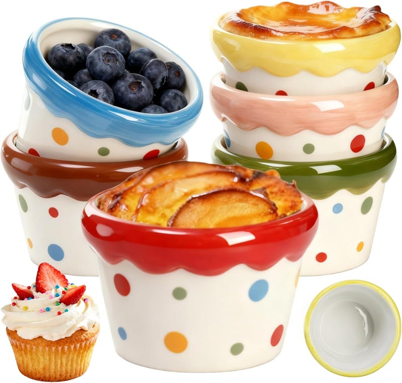 Tlence 6 Pack Ceramic Ice Cream Cups, 9 OZ Mini Porcelain Dessert Bowl, Cute Polka Dot Sundae Cups, Small Ramekins for Frozen Yogurt Pudding Creme Brulee Souffle Dip Birthday Party - Image 1