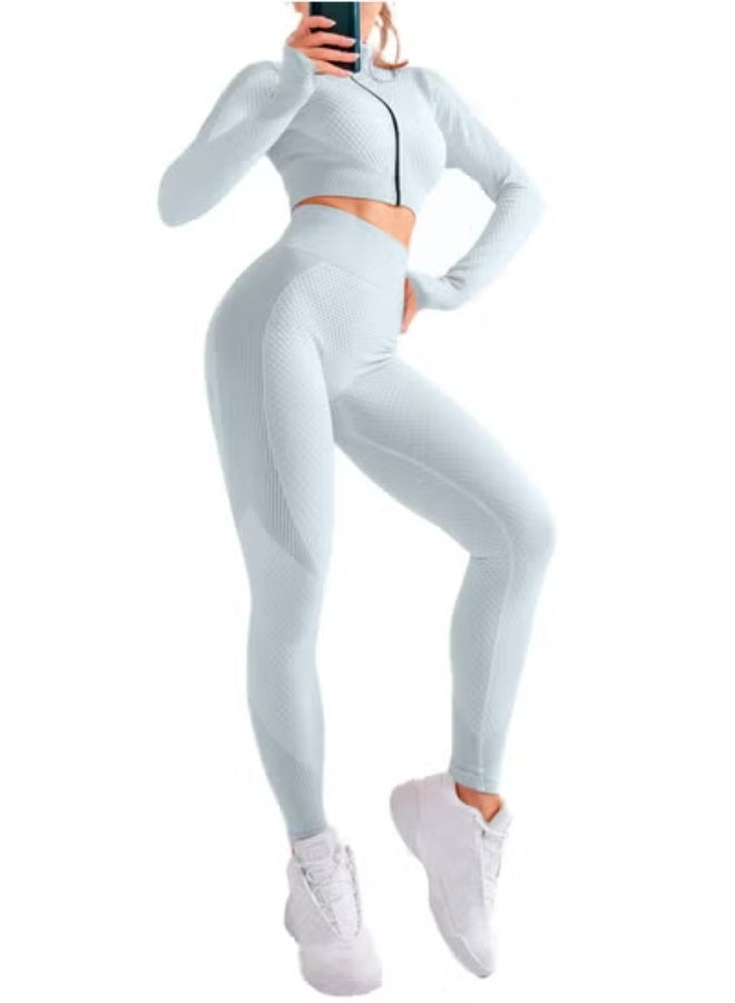 NIBEMINENT طقم ملابس رياضية نسائية مكون من 3 قطع بدون خياطة، ملابس يوجا، بدلة رياضية، ليغينغز، وحمالة صدر رياضية مرنة لللياقة البدنية - Image 1