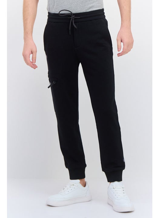 Men Cuffed Solid Drawstring Jogger Pants, Black