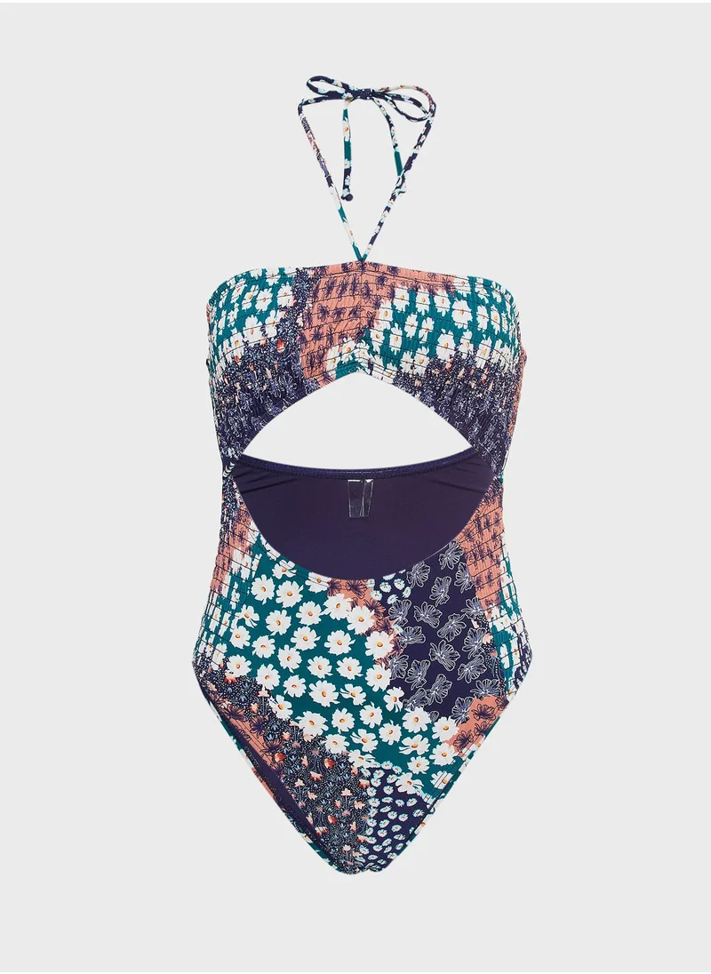 URBAN OUTFITTERS Cut Out Detail Halter Neck Printed Swimsuit