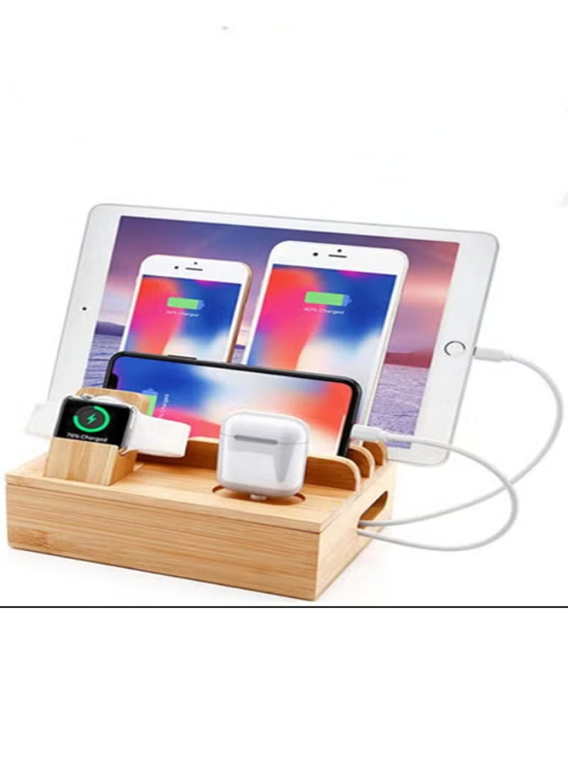 عربست محطة شحن من الخيزران لأجهزة متعددة مع 5 منافذ شاحن USB A 6 في 1 حامل شحن للهاتف حامل ساعة ذكية للكمبيوتر اللوحي حامل شاحن قاعدة سماعات الأذن منظم شاحن سماعات الأذن مع مصدر طاقة 5 كابلات هجينة - Image 1