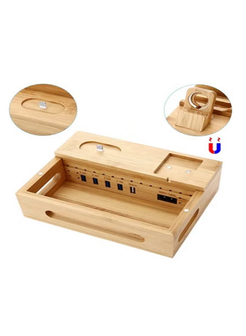 عربست محطة شحن من الخيزران لأجهزة متعددة مع 5 منافذ شاحن USB A 6 في 1 حامل شحن للهاتف حامل ساعة ذكية للكمبيوتر اللوحي حامل شاحن قاعدة سماعات الأذن منظم شاحن سماعات الأذن مع مصدر طاقة 5 كابلات هجينة - Image 2