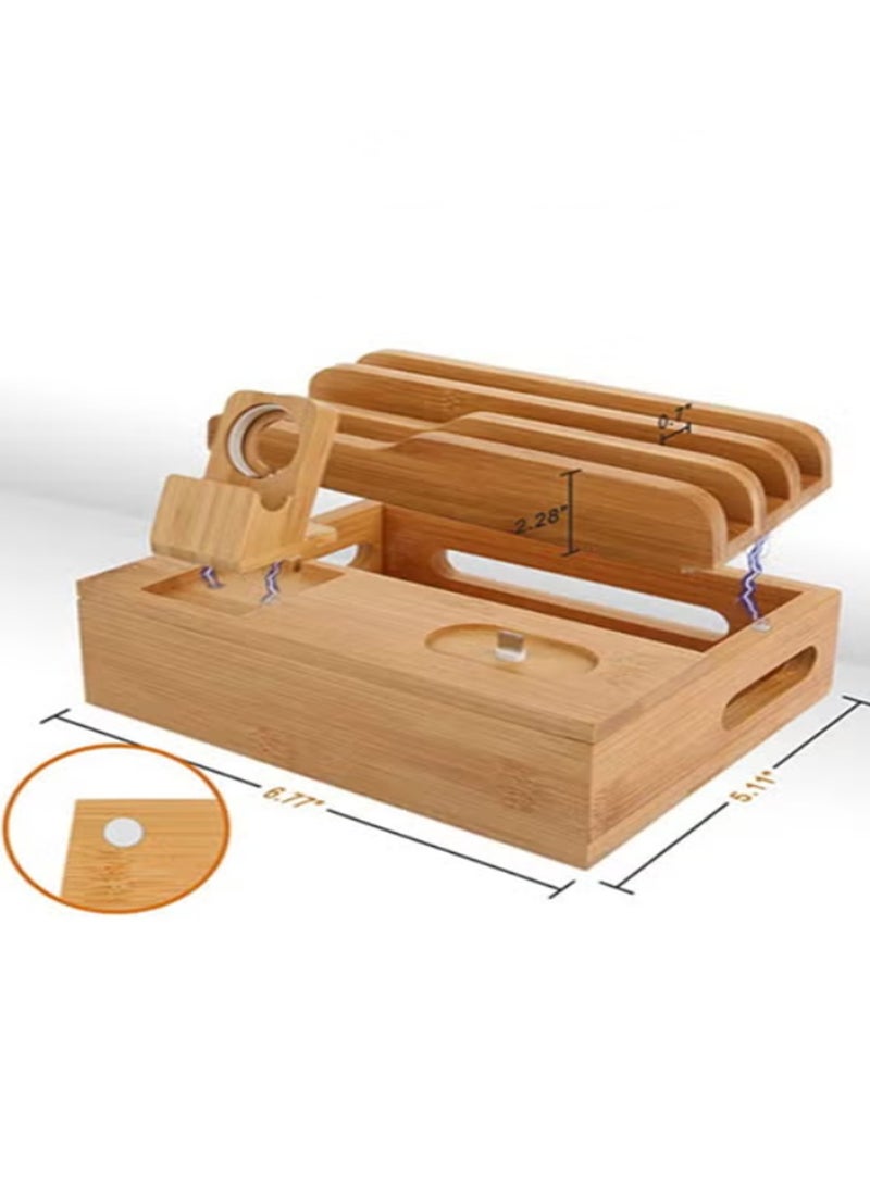 عربست محطة شحن من الخيزران لأجهزة متعددة مع 5 منافذ شاحن USB A 6 في 1 حامل شحن للهاتف حامل ساعة ذكية للكمبيوتر اللوحي حامل شاحن قاعدة سماعات الأذن منظم شاحن سماعات الأذن مع مصدر طاقة 5 كابلات هجينة - Image 3