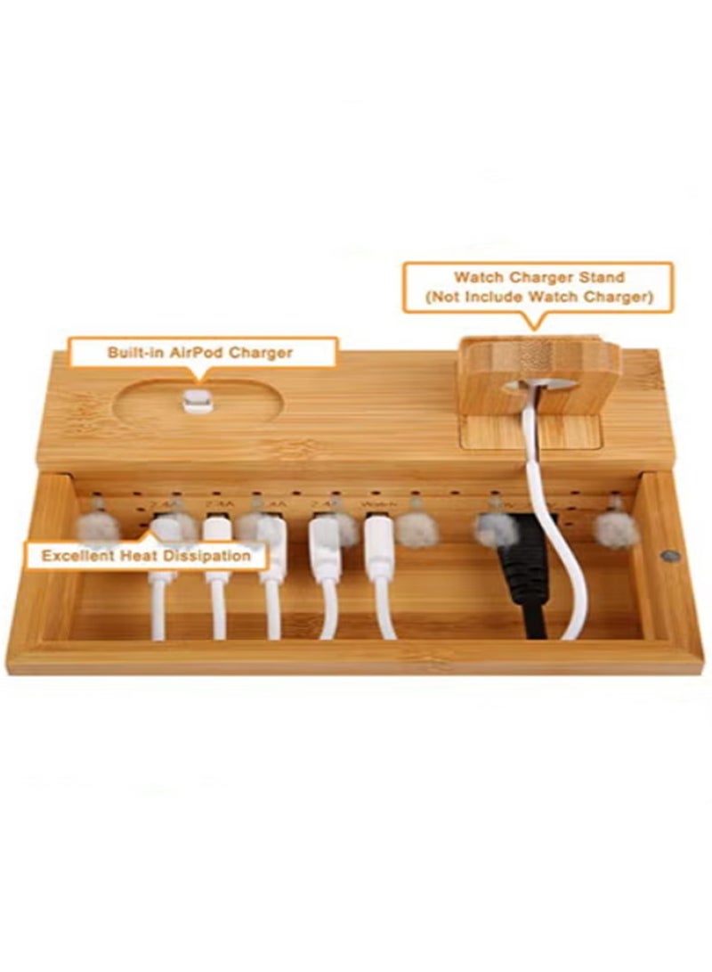 عربست محطة شحن من الخيزران لأجهزة متعددة مع 5 منافذ شاحن USB A 6 في 1 حامل شحن للهاتف حامل ساعة ذكية للكمبيوتر اللوحي حامل شاحن قاعدة سماعات الأذن منظم شاحن سماعات الأذن مع مصدر طاقة 5 كابلات هجينة - Image 4