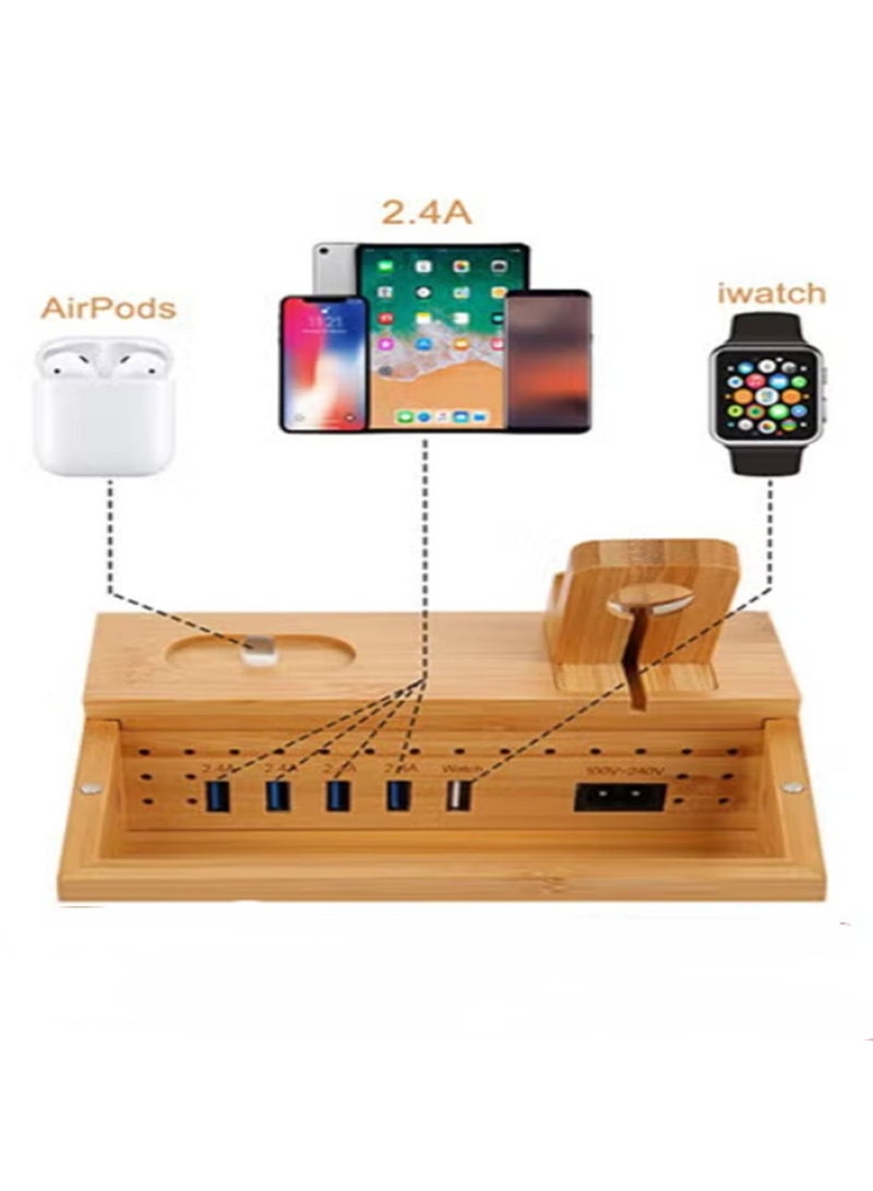 عربست محطة شحن من الخيزران لأجهزة متعددة مع 5 منافذ شاحن USB A 6 في 1 حامل شحن للهاتف حامل ساعة ذكية للكمبيوتر اللوحي حامل شاحن قاعدة سماعات الأذن منظم شاحن سماعات الأذن مع مصدر طاقة 5 كابلات هجينة - Image 5