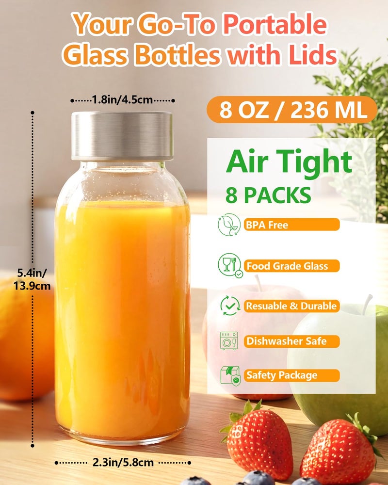 Zukro 8 oz Glass Water Bottles with Lids, Reusable Clear Juice Bottles With Stainless Steel Airtight Cap for Juicing, Ginger Shot, Milk, 250ml Leak Proof Small Smoothie Container, BPA Free, Set of 8 - Image 2