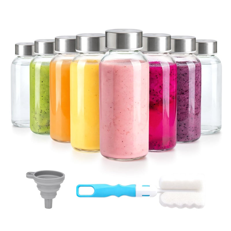Zukro 8 oz Glass Water Bottles with Lids, Reusable Clear Juice Bottles With Stainless Steel Airtight Cap for Juicing, Ginger Shot, Milk, 250ml Leak Proof Small Smoothie Container, BPA Free, Set of 8 - Image 1