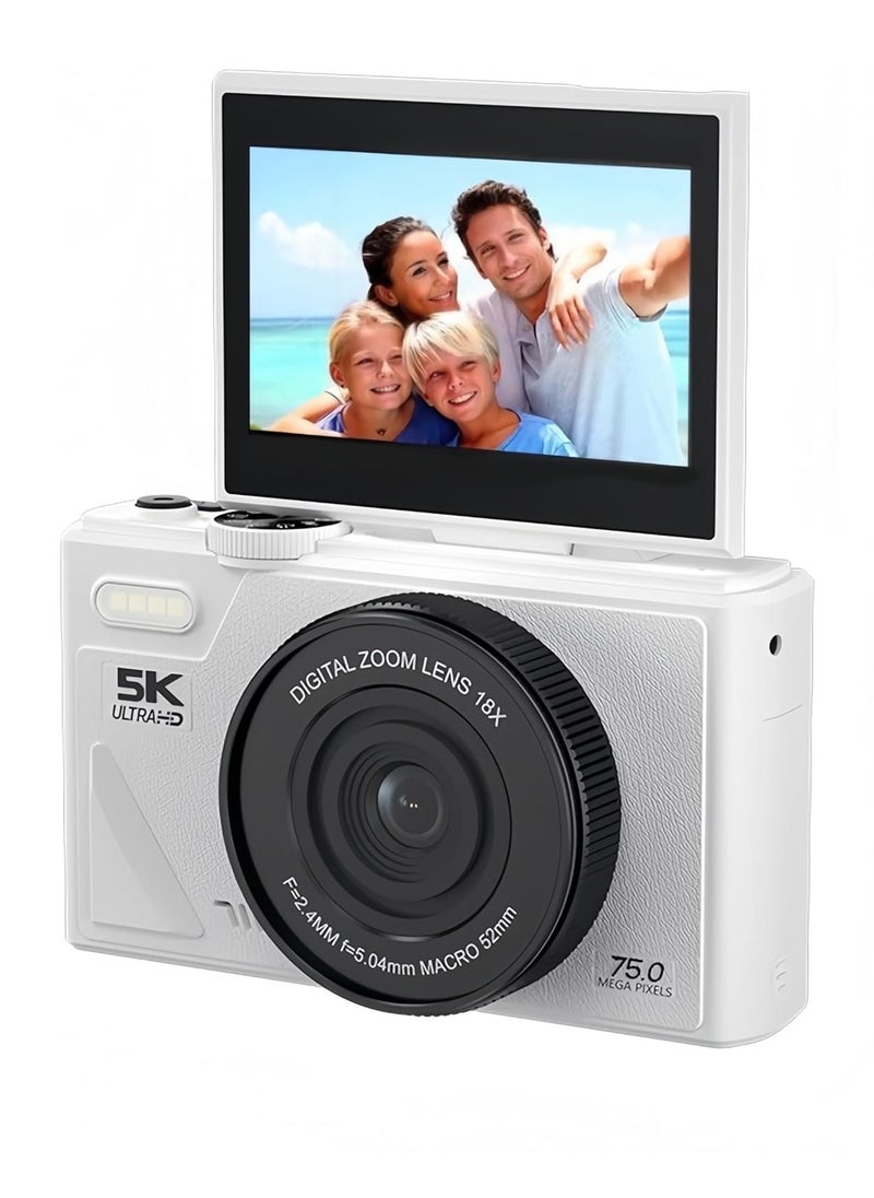 Generic Digital Camera, 5K Vlogging Camera, Kids Camera 75MP Point and Shoot Digital Cameras with 64GB TF Card, 18X Zoom, For Kids Boys Girls(White)  - Image 1