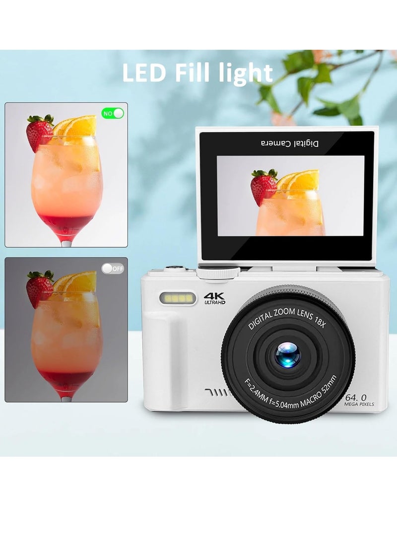Generic Digital Camera, 5K Vlogging Camera, Kids Camera 75MP Point and Shoot Digital Cameras with 64GB TF Card, 18X Zoom, For Kids Boys Girls(White)  - Image 4