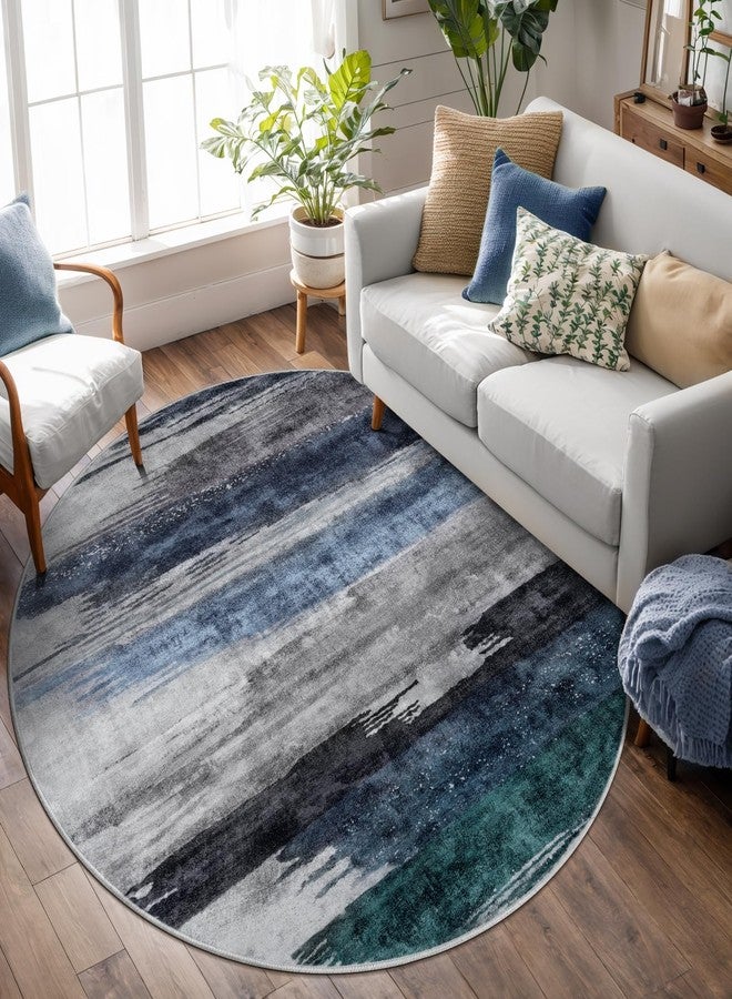 Ciicool 4ft Round Washable Rug, Modern Abstract Circle Rugs, Non-Slip Thin Low-Pile Rug Navy Grey Circular Print Distressed Carpet for Bedroom Living Room Under Dining Table Home Office Decor - Image 3